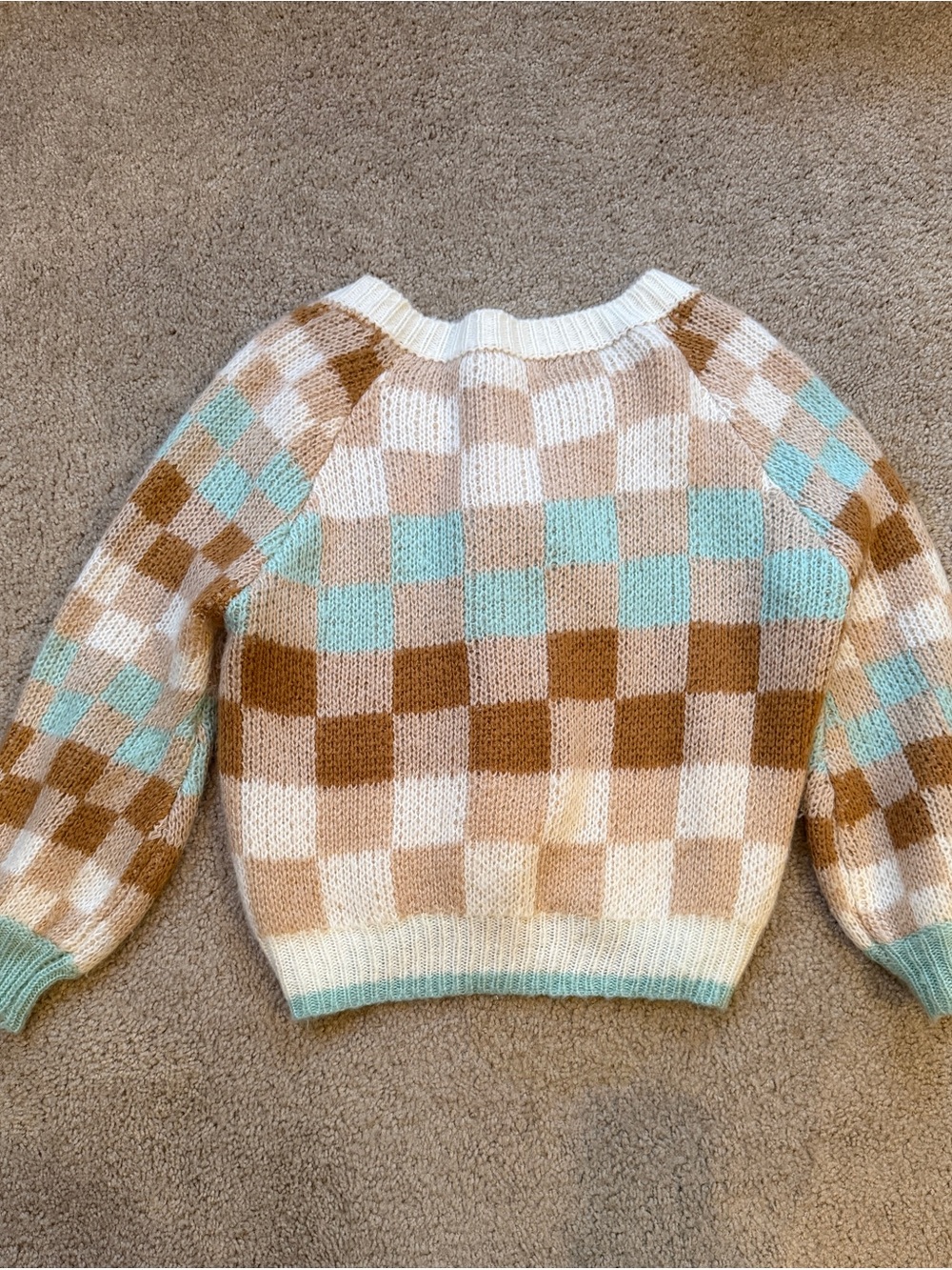 Altrd State V-Neck Checkered Knit Sweater in Cream, Tan & Aqua - Picture 2 of 3